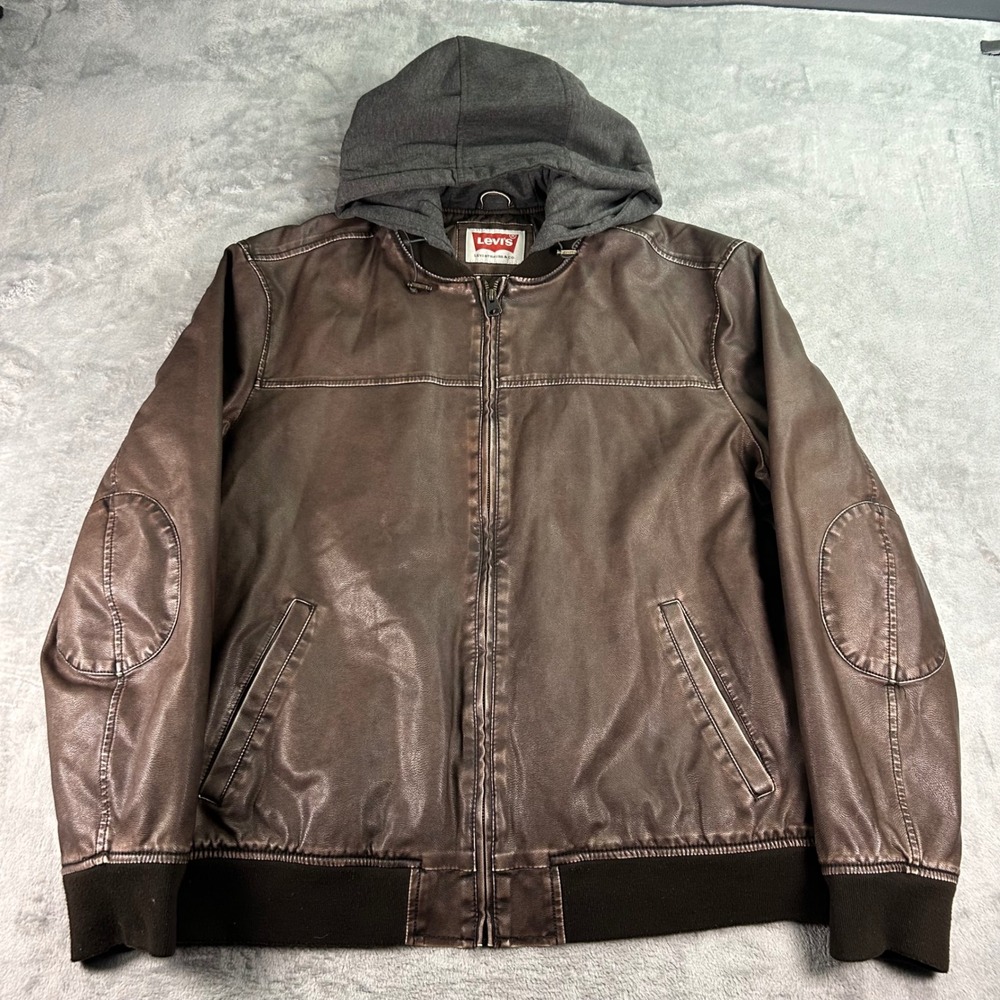 Levis Mens XXL Brown Faux Leather Bomber Jacket With Grey Hood Distressed
